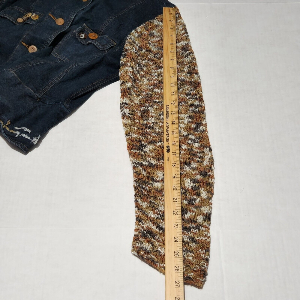 Denim Jacket Knit Long Sleeves Buttons Eclectic Bohemian Retro Thick Stitch L - Picture 10 of 12